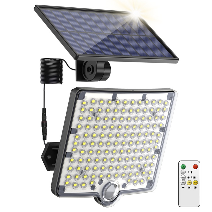 Lumini solare in aer liber,, 1 pachet 128 LED-uri 3000LM cu senzor de miscare solar cu lumini de inundatii cu telecomanda, apus pana la zori LED-uri de perete de securitate solara cu cablu