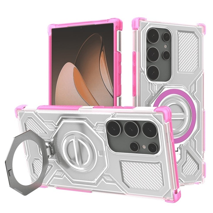 Husa pentru Samsung Galaxy S24 Ultra, Antisoc, SKYDDAR INOVATION, Carbon Shield PRO, Magsafe, set cu sticker, Roz