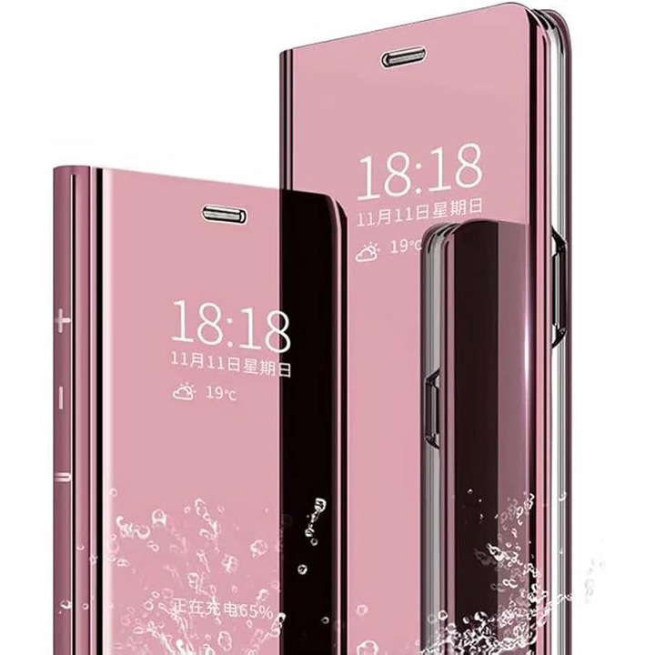 Husa Protectie Toc Flip Cover Clear View Mirror pentru One Plus Nord 10T, ultra-subtire, Rose gold