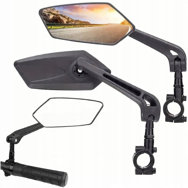 Комплект от 2 огледала за велосипед, Gearox, 10.5x10x1 см, черно, ъгъл на въртене 360°, тип монтаж: универсално крепление за кормило, пластмасов материал, тегло 0.1 кг