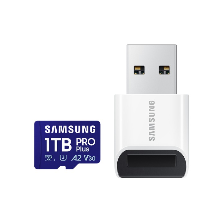 Card de memorie Samsung Pro PLUS MB-MD1T0SB, 1TB, microSDXC, UHS-I U3, A2, V30, Adaptor USB Inclus