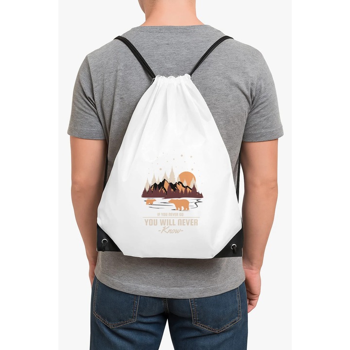 Rucsac tip ghiozdan din poliester, culoare alb, UNISEX cu model