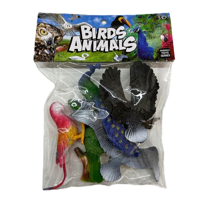 Set 5 pasari exotice, GHEMOTOC®, vultur cu cap alb, papagal tucan, papagal ara rosu, paun, pescarus, jucarii din plastic, 10-12cm