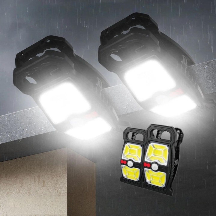 Lampa solara COB LED AdyMel® set 2 buc, cu senzor de miscare, clema, clip de prindere, lampi solare cu iluminare automata, reincarcare solara & USB Type-C, rezistenta la apa IP65, fara gauri, exterior, interior, Negru