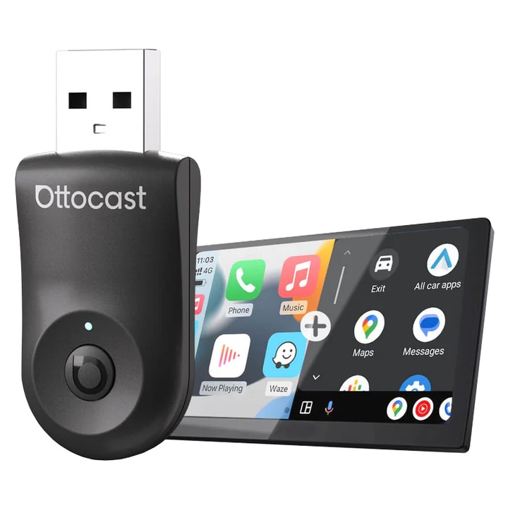 Безжичен адаптер Ottocast Mini 2в1 CarPlay / Android Auto, 5GHz свързаност, Bluetooth 5.2, пълен комплект