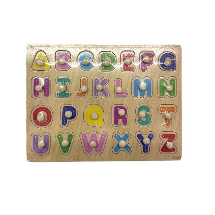 Puzzle incastru, GHEMOTOC® placa din lemn, litere multicolore, cu maner ajutator