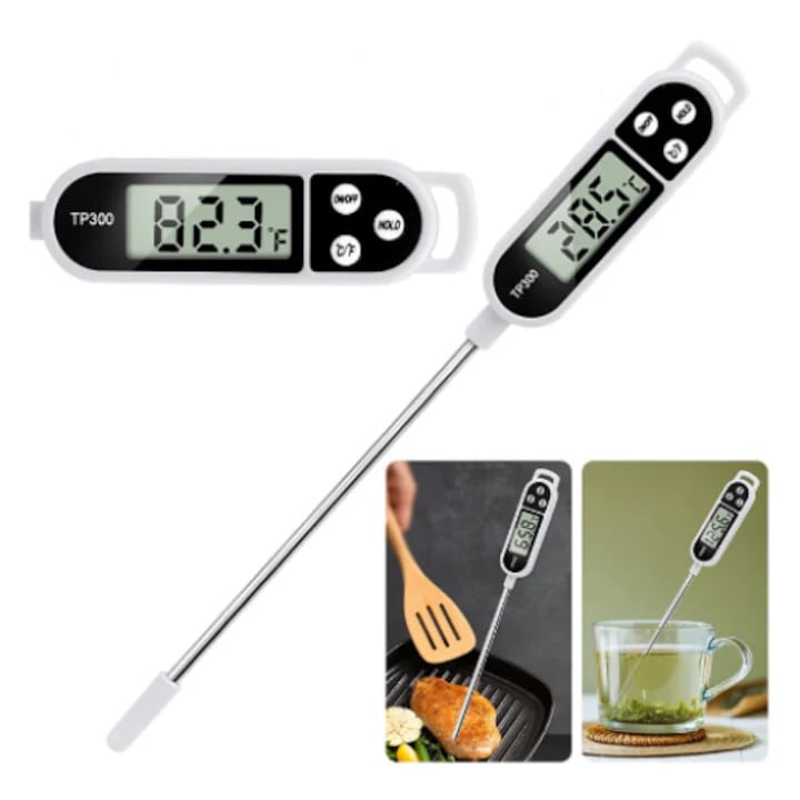Termometru digital pentru alimente TP300, cu sonda din inox, afisaj LCD, alb