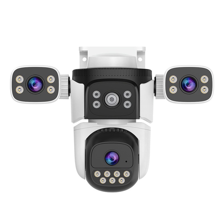 Camera de securitate pentru interior si exterior, card de memorie de 128 GB, WiFi, 6 milioane de pixeli, convorbire bidirectionala, vedere nocturna full-color, rotatie 360°, alarma sonora si luminoasa, control prin aplicatie pentru telefonul mobil, alb