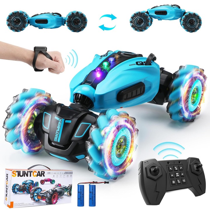 RC autó gesztusvezérléssel és távirányítóval, Ydene®, 4WD, 2.4GHz, Drift és Twist játék fényekkel, zenével és permetező funkcióval, terepre és útra, Kék, Karácsonyi és születésnapi ajándék fiúknak és lányoknak