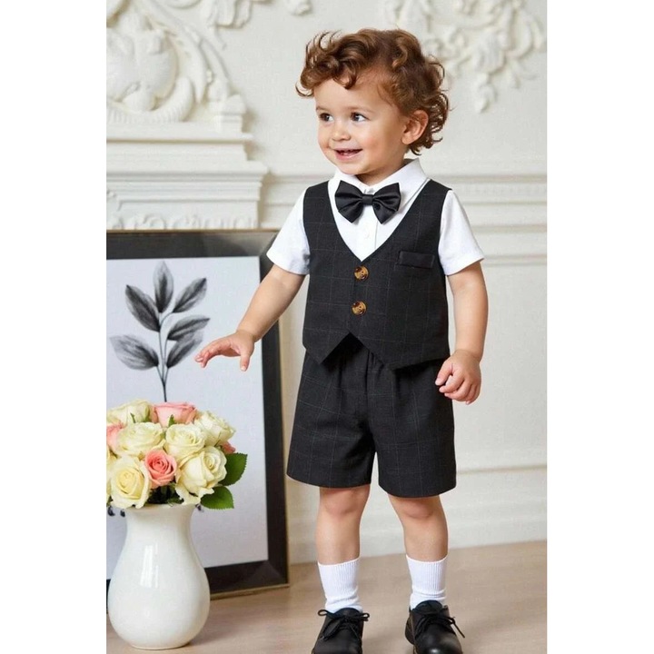 Комплект риза с къс ръкав и шорти - черен