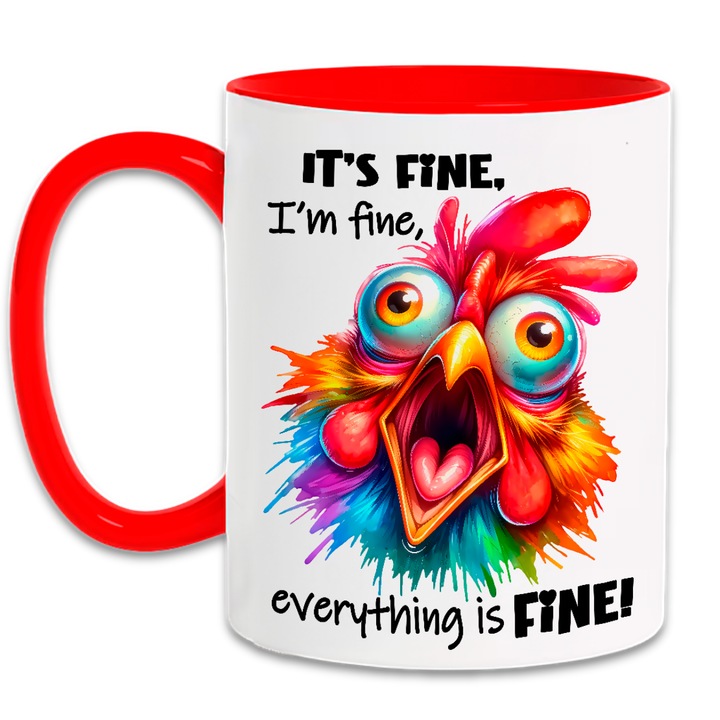 Vicces bögre őrült csirkével és "Jól vagyok, minden rendben" üzenettel - vicces ajándék irodába vagy otthonra - 330 ml-es fehér kerámia bögre füllel és piros belsővel