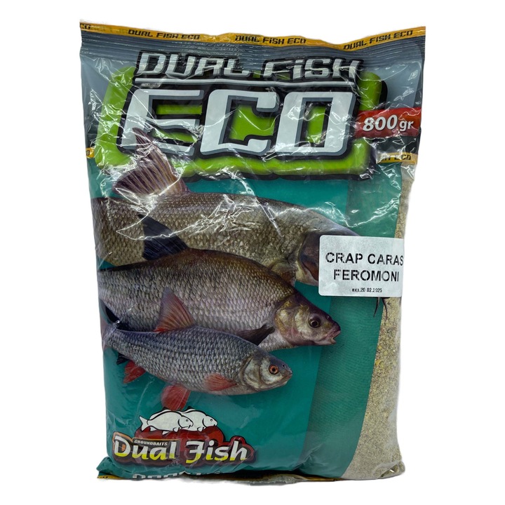 ÖKO csali zúzott szemcsék formájában horgászathoz, adalékanyagokkal, CARP CARAS PHEROMONY ízesítéssel, 800 gramm, Dual Fish