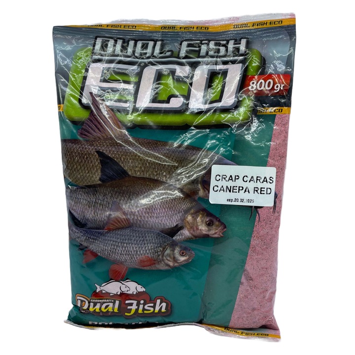 ÖKO csali zúzott szemcsék formájában horgászathoz, adalékanyagokkal, CARP CARAS CANEPA RED ízesítésű, 800 gramm, Dual Fish