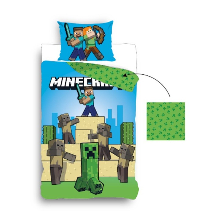 Lenjerii de pat copii, Minecraft Creeper 2 piese 140x200 cm, 60x70 cm Verde