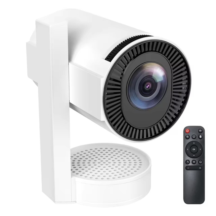 Mini videoproiector portabil, HD 1280*720P, 16:9/4:3, BT 5.0, WiFi 6, Android 13, 550 lumeni, telecomanda, difuzor integrat, redare imagine direct de pe telefon, port HDMI/USB/AUDIO, culoare alb