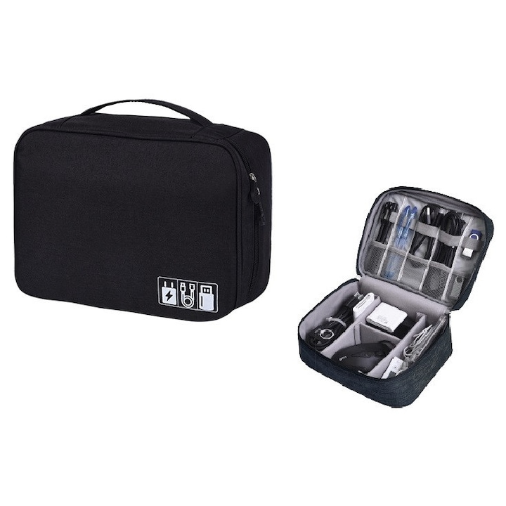 Organizator pentru depozitarea cablurilor cu un singur nivel, incarcatoarelor, unitatilor flash. Negru