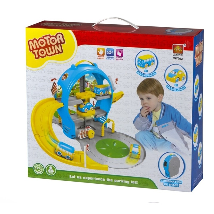 Joc educațional, Jad, parcare garaj, set cu 2 mașinuțe, roz și albastru, 39x35x11.5cm