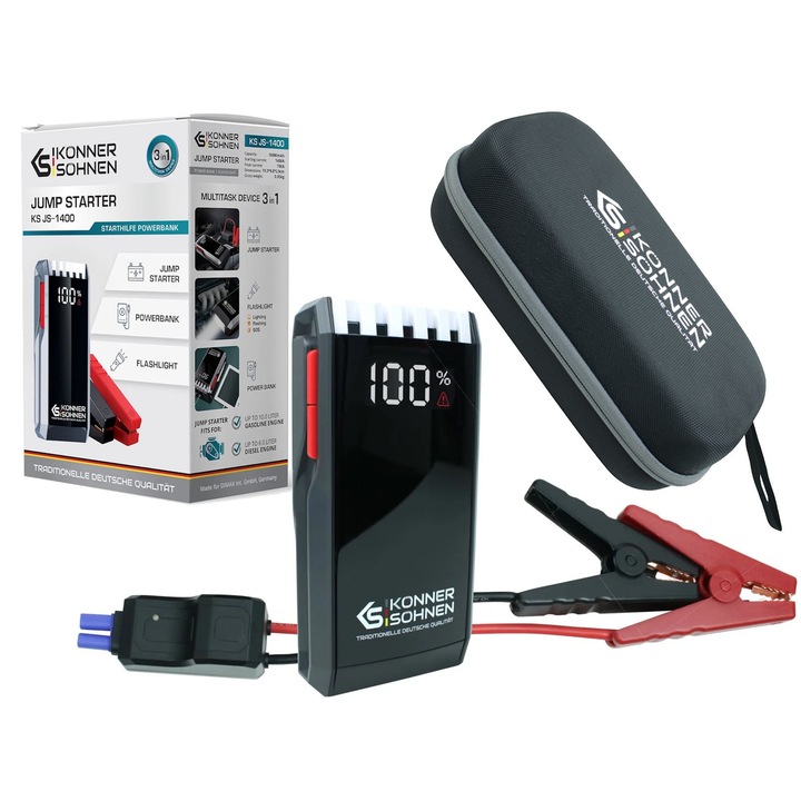 Konner & Sohnen autóindító, 18000 mAh, 1400A, LED, 193x98x39mm