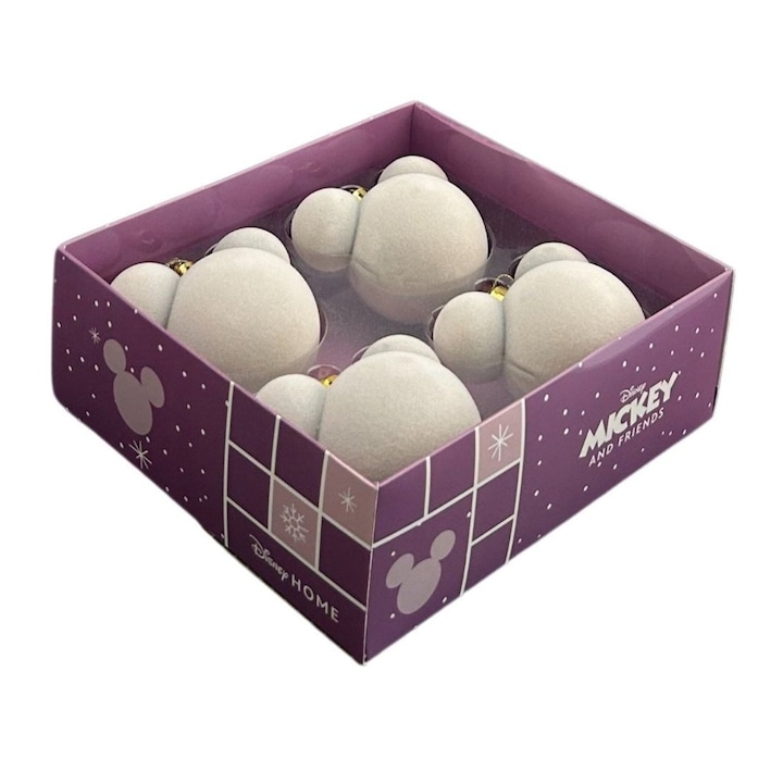 Set 4 globuri Craciun Disney Mickey Mouse catifea 7 cm crem
