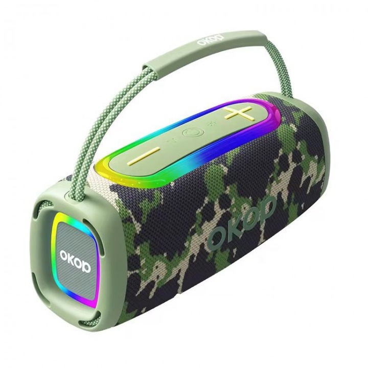Boxa portabilă Okop Bluetooth, sunet surround 360, iluminare RGB, 2400mAh, verde