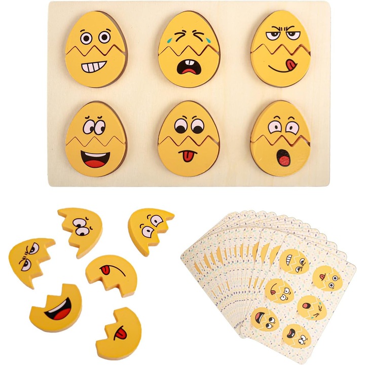 Joc Montessori din Lemn pentru Recunoasterea Emotiilor, Puzzle Educativ cu Oua si Expresii Faciale, Joc de Potrivire pentru Dezvoltarea Inteligentei Emotionale la Copii