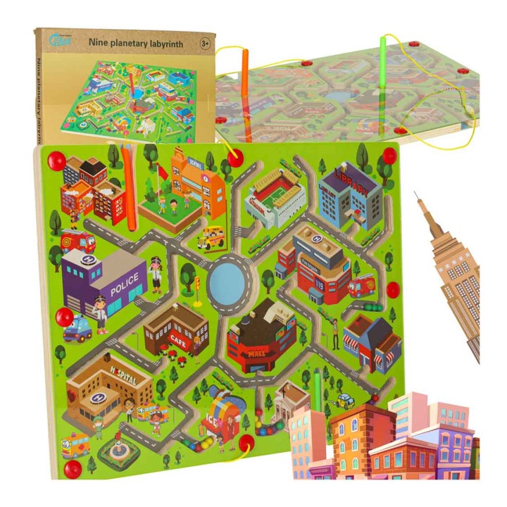 Oktató mágneses labirintus gyerekeknek, interaktív városi labirintus játék mágneses golyókkal és jelölőkkel