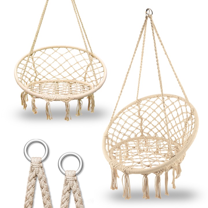 Keret nélküli függőszék bohém stílusban, függőszék kültéri, beltéri, felnőtteknek, gyerekeknek, 150 kg, 80 cm, kényelmes függő hinta, terasz, kert, időjárásálló, bézs