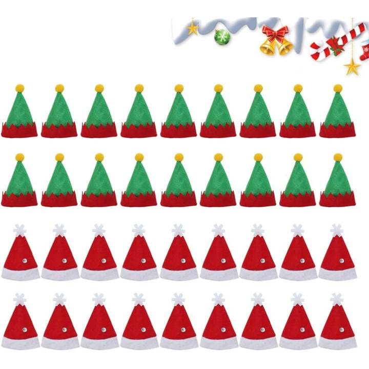 Set de 36 piese Mici pălării Moș Crăciun, suport tacâmuri, palarii elf, decor multicolor