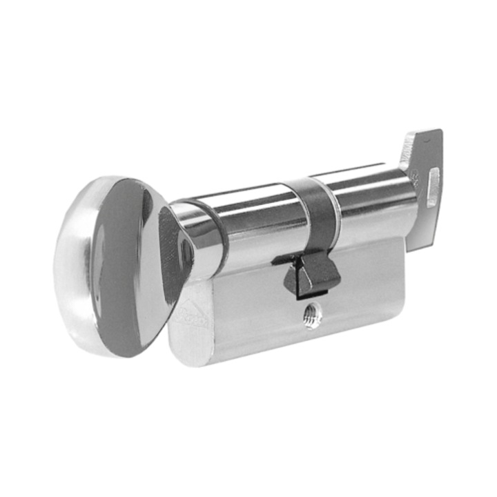 Cilindru butuc usa, cu buton, Roto S6, 50/45 mm, profil standard, nichelat mat, 3 chei zimtate, protectie impotriva gauririi