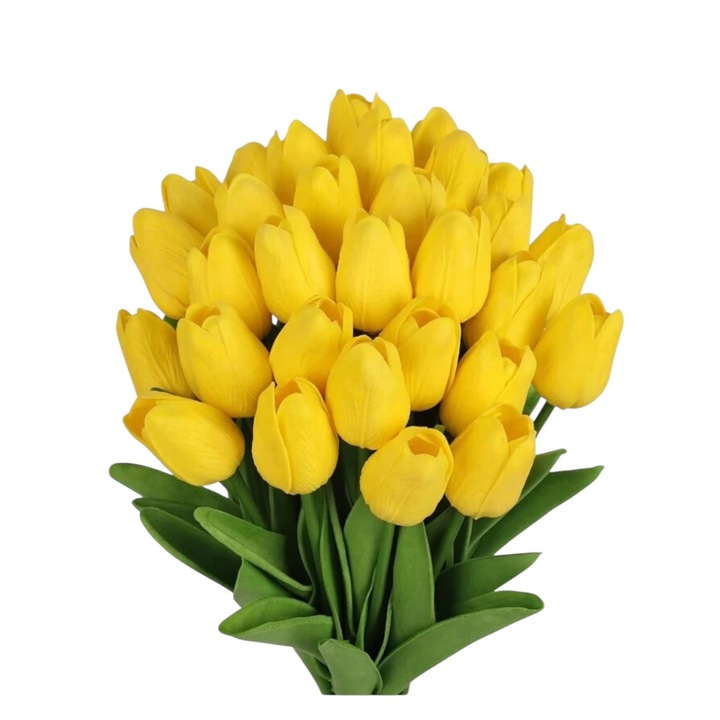 Buchet 25 flori artificiale lalele galbene 38 cm material fier, PE