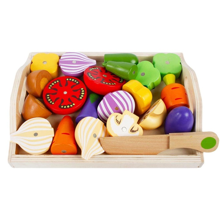 Ladita cu Legume magnetice de feliat din lemn, 12 piese, multicolor, Toyska®