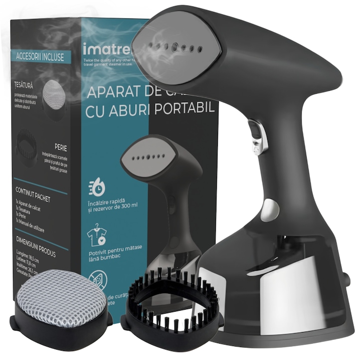 Aparat Calcat Vertical Cu Aburi, IMA Trend®, Aparat Calcat Portabil, 1800W, Fier Calcat Cu Incalzire Rapida 30 Secunde, Rezervor 300 ml, Design Compact Si Usor Pentru Calcare Rapida, Statie Calcat Ideala Pentru Haine, Material Plastic Rezistent, Negru