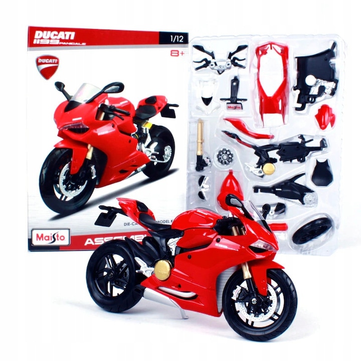 Ducati 1199 Panigale motorkerékpár modell, 1:12, piros, mozgó elemekkel, méretek 9x17x6cm