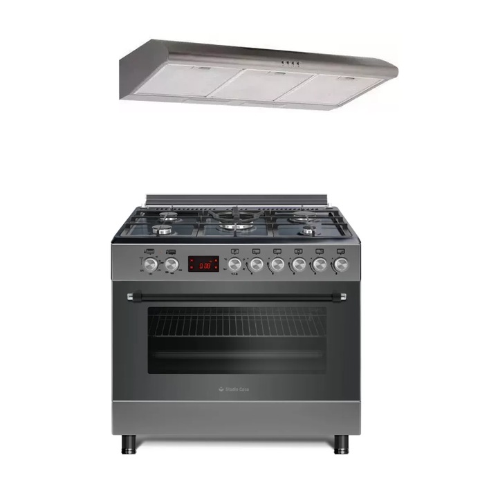 Комплект Газова печка 90 см Nando Grey Studio Casa и класически абсорбатор 90 см, Газова фурна, 5 газови котлона, Уок, Грил, Цифров таймер, Термостат за фурна, Електрическа скара, Чугунена решетка, Енергиен клас А, Сив