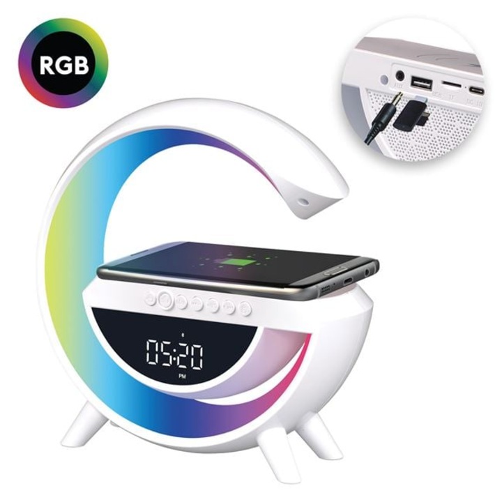 Многофункционална смарт лампа с часовник, безжичен високоговорител, БЕЗЖИЧНО зареждане на телефон, RGB LED - модерен дизайн