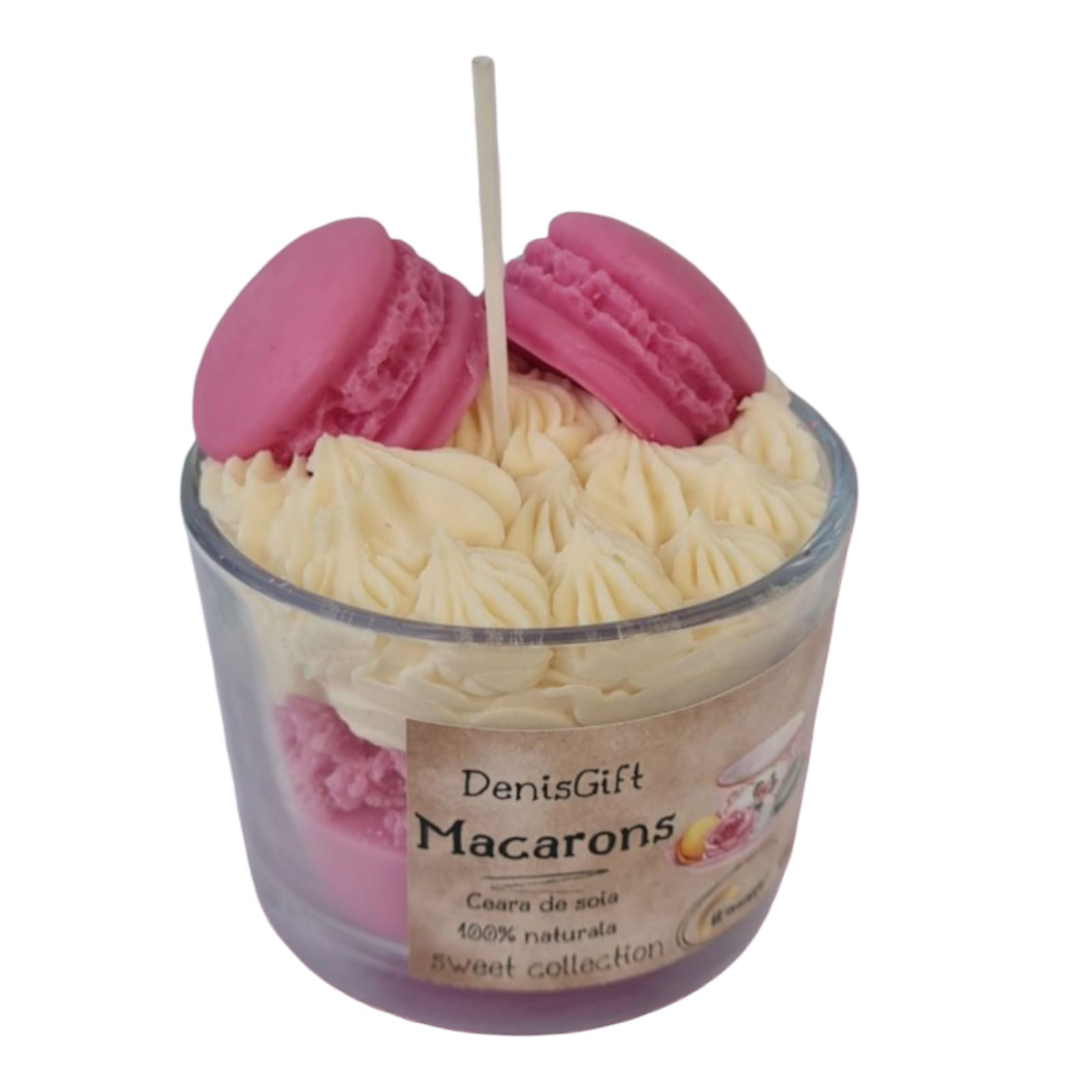 Frisca Roz Lumanare tip desert cu macarons roz si frisca, ceara naturala de soia ...