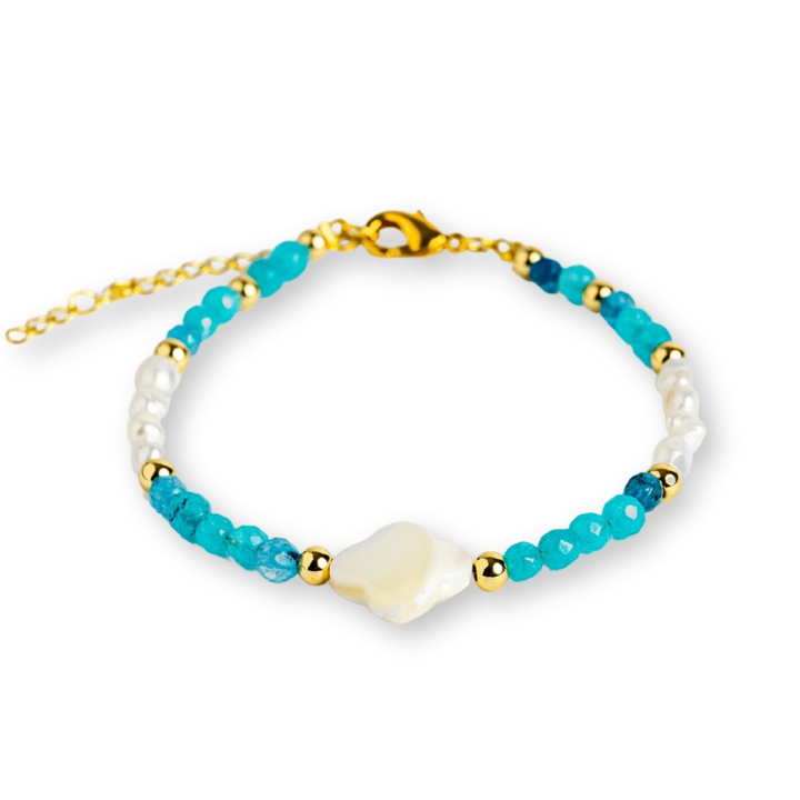 Brățară din acvamarin și perle naturale, CraftMystic, circumferință ajustabilă 16-19 cm, culoare multicolor