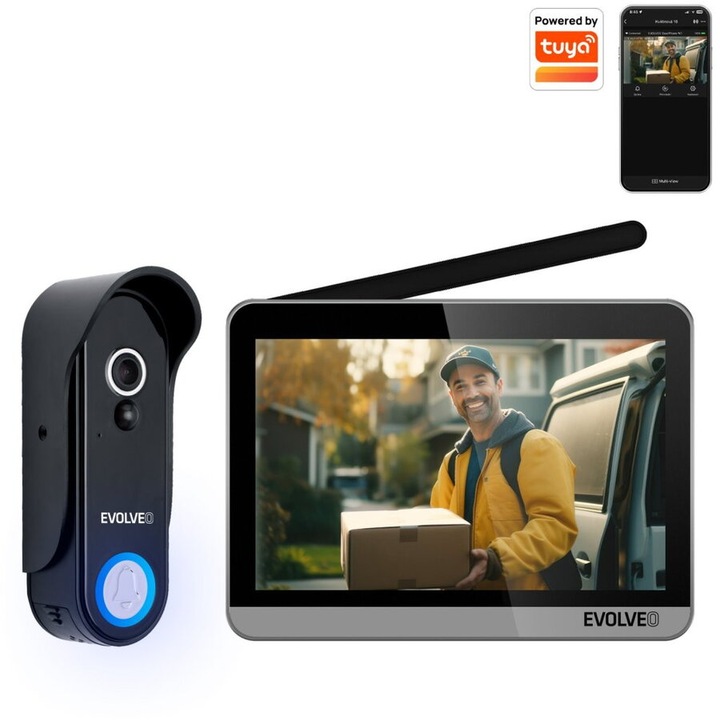 Kit de interfon video fara fir EVOLVEO DoorPhone W7, pentru acasa cu monitor WiFi, negru argintiu