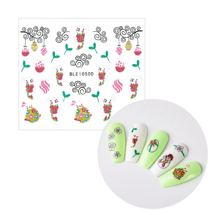 Set autocolante pentru unghii, Allepaznoktie, motivatii de Paste, 6x5cm, autocolante cu glitter