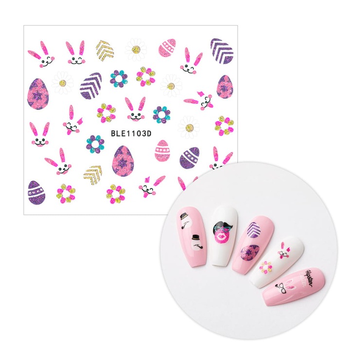 Set autocolante pentru unghii, Allepaznoktie, motivatii de Paste, 6x5cm, autocolante cu glitter