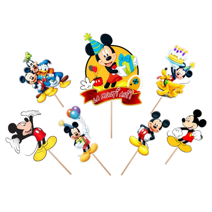 Topper Tort Mickey Mouse – Carton Lucios, Set 7 buc 12–16 cm, Petrecere Copii