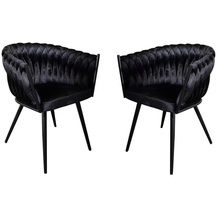 Set 2 fotolii moderne din catifea neagra, pentru living sau birou, cu picioare metalice negre