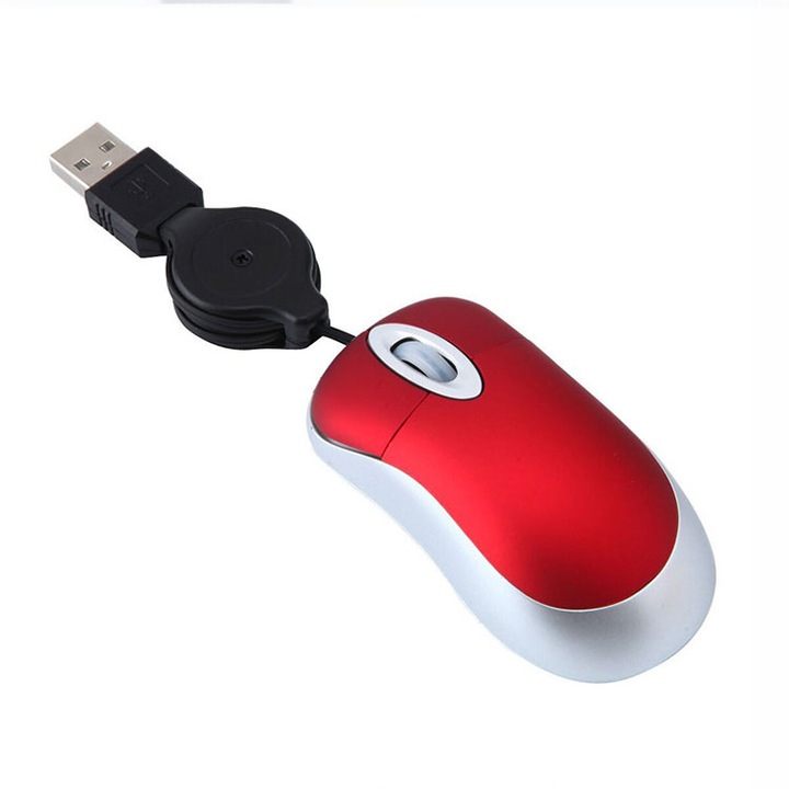 Мини мишка, ORBER, Кабелна мишка, Преносима, прибиращ се кабел, USB порт, 1000 DPI дължина на кабела 0.8 м, 7.5x4x2 см, червена