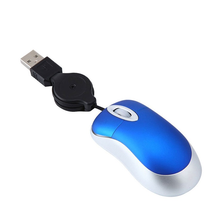 Mini Mouse, ORBER, Mouse cu fir, Portabil, cablu retractabil, port USB, 1000 DPI lungime cablu 0.8m, 7.5x4x2cm, Albastru