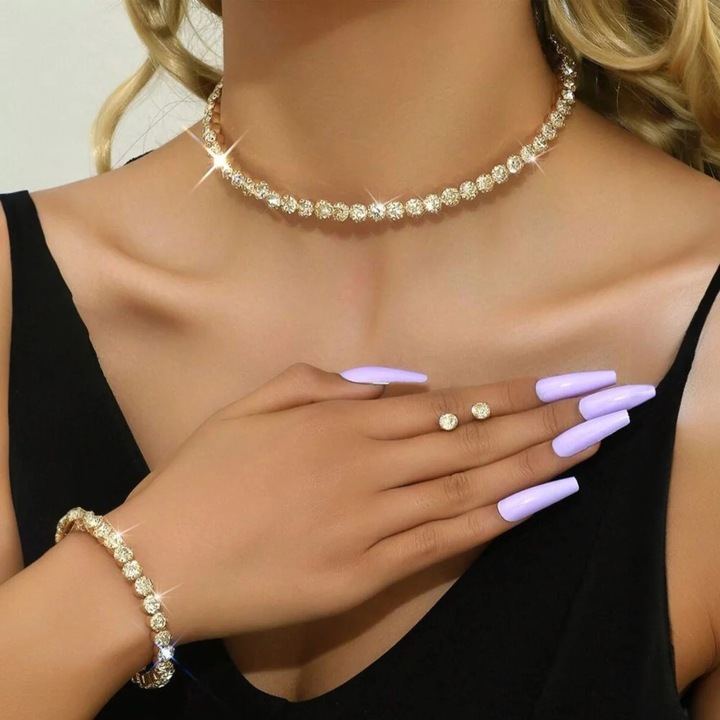 Set colier tennis, bratara si cercei, auriu, cu pietre, Dave C15