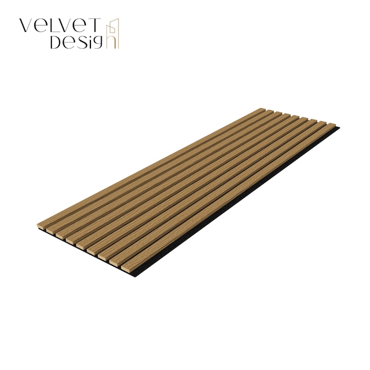 Riflaj decorativ Pro Line, panou acustic din lamele MDF si fetru PET, culoare Nuc auriu, 1200 x 360 x 14 mm, 0.43 mp suprafata acoperita, atenuare zgomot 80% (NRC 0.8), Velvet Design