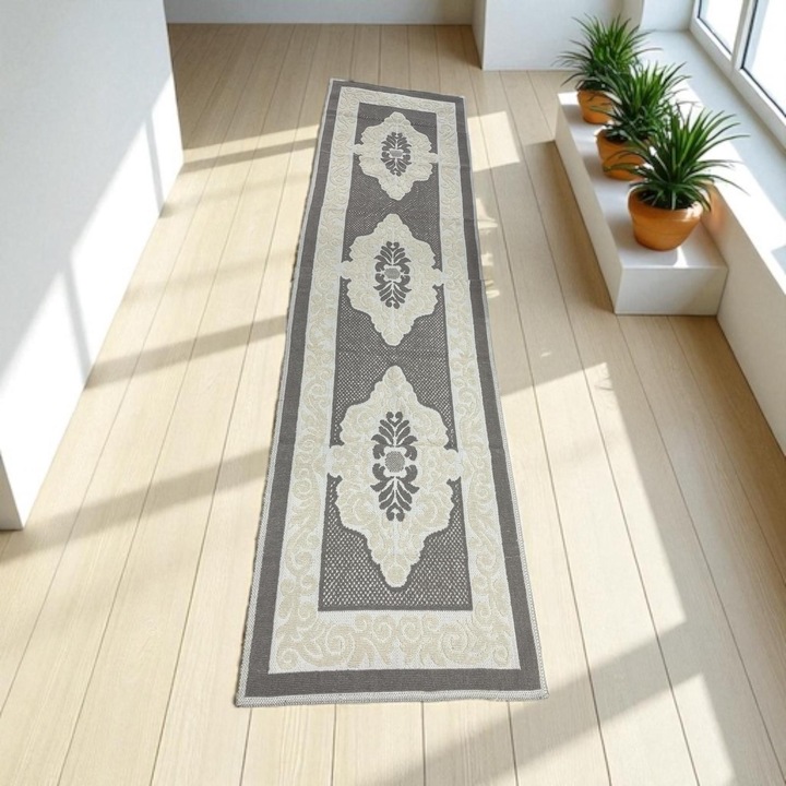 Covor Bumbac, 80 x 300 cm, Crem Gri, Medalion