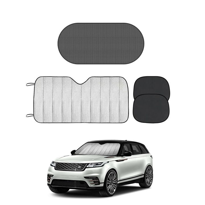 Комплект от 4 автомобилни сенници, CoolCar TotalProtect, UV защита, лятна защита, светлоотразително фолио, повишена устойчивост, срещу прах и мръсотия, предпазва предното стъкло, универсални, черно/сребристо