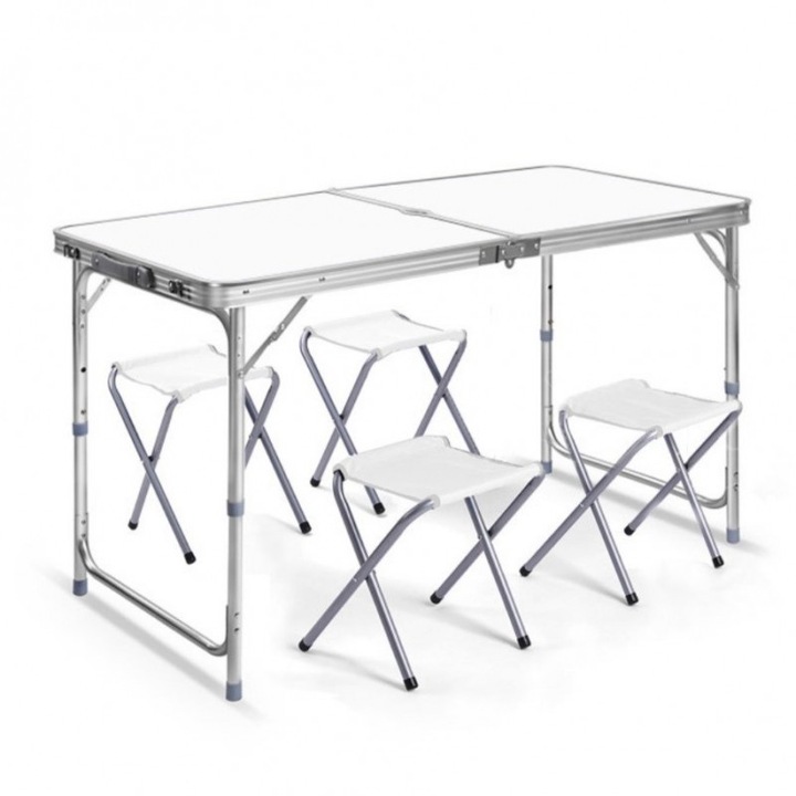 Комплект мебели, бяла сгъваема маса и 4 сгъваеми стола, за градина, къмпинг или риболов, тип куфар, JollyMag, SC04