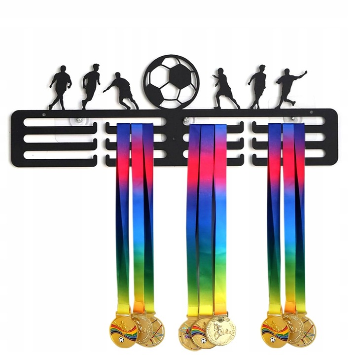 Suport pentru organizarea si expunerea medaliilor, Zola, model fotbal, cu 12 spatii, montare pe perete, metal, 40 x 15 cm, negru